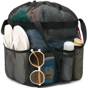 Mesh shower storage bag, with drawstring, portable, a must-have for college girls' and boys' dormitories, 8-pocket extra-large shower bag, suitable for camping, beach, gym, travel, toiletries, bathroom