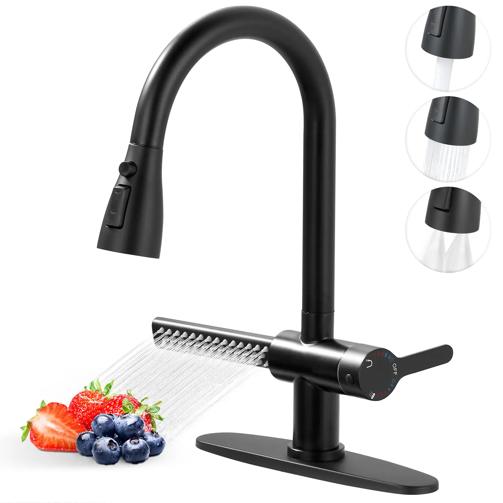 WOWOW Stainless Steel Modern Kitchen Faucet for Kitchen Sink, 15.7in H 3-Function Multi-Spray Pull-Down Sprayer, 360° Spout Swivel, Unique Waterfall Spout, Corrosion-Resistant, Matte Black/Brushed Nickel, Spray Hose Attachment Taps, Kitchen Faucets With P