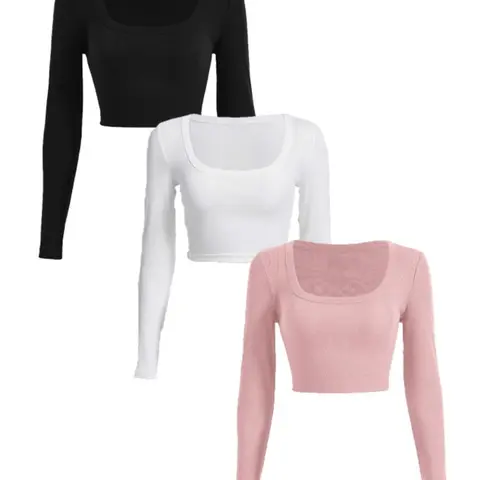 Women's Plain Square Neck Crop Tee, Casual Ribbed Long Sleeve T-Shirt Top for Spring & Fall, Women's Clothing for Daily Wear, Fit, Womenswear