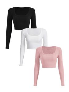 women's plain square neck ribbed crop tee, back to school basic long sleeve t-shirt for lady daily wear, women's t shirts, casual comfort solid streetwear top, going out tees shirts