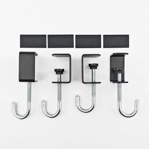 4 Pack Desk  Bag Holder Metal Heavy Duty Backpack Hanger Black Industrial, J Clamp Hooks for , Tables Banner Clips, Adjustable Shelf Hook Reduces Desk Clutter (Black)