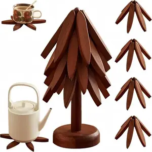 Natural Tree Trivet Set - 4 Wooden Trivets & 1 Stand - Heat-Resistant Foldable Design - Durable & High-Quality Solid Wood - Ideal for Hot Dishes, Pots, Bowls, Teapots - Home Kitchenware & Tableware Coasters, Coffee Table Mat