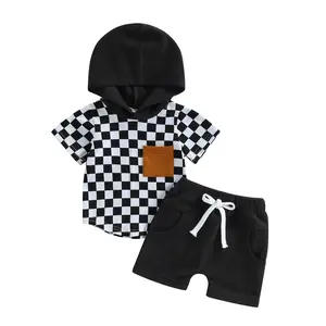 Baby Boys 2Pcs Summer Outfit Checkerboard Print Hooded Short Sleeve Top + Elastic Waist Shorts Casual Gift Set