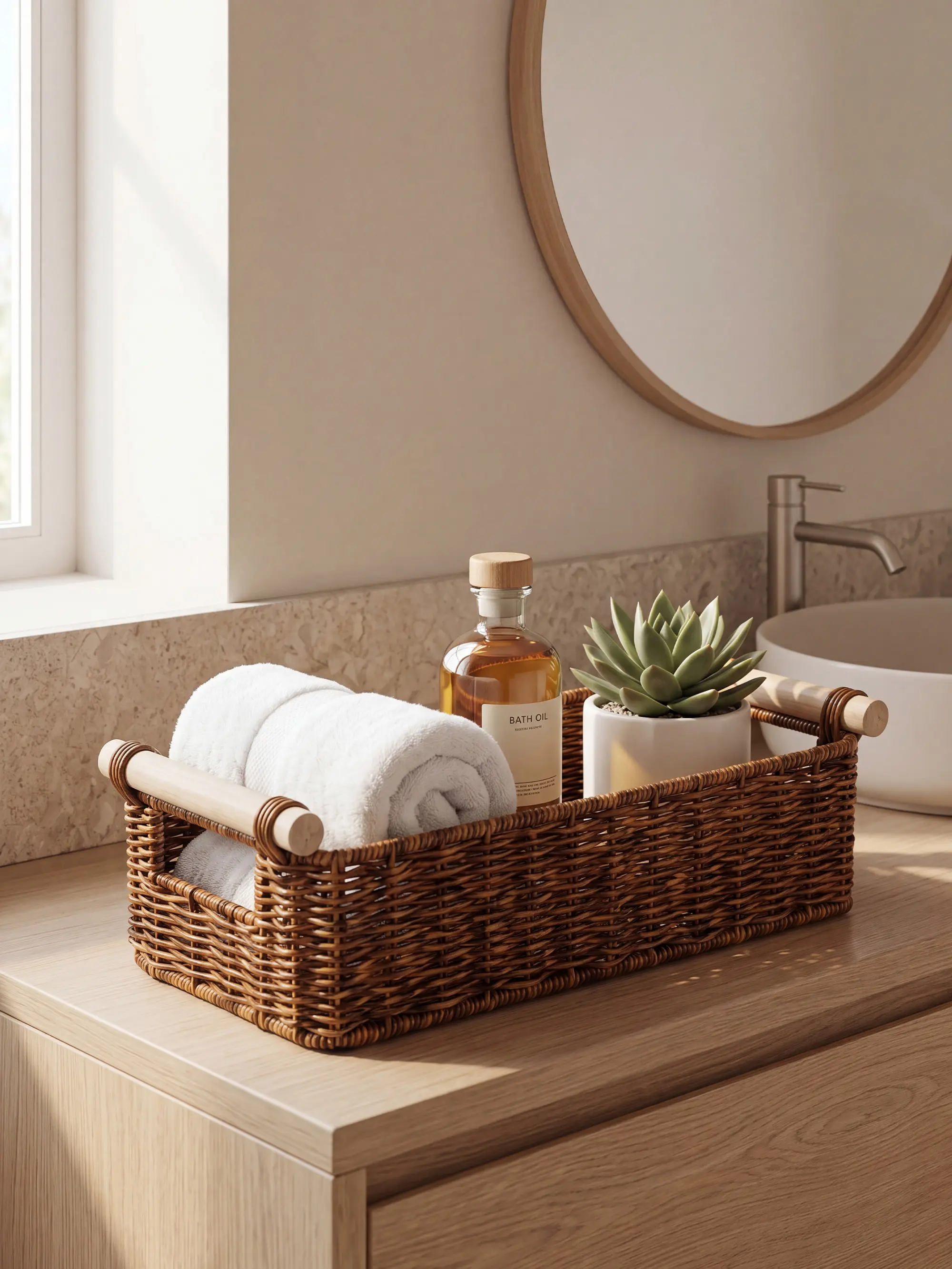 BROWNLILY Woven Wicker Storage Caddy with Wooden Handles - Rectangular Bathroom & Kitchen Organizer Basket for Vanity, Countertop, Shelf (Handwoven Faux Rattan)