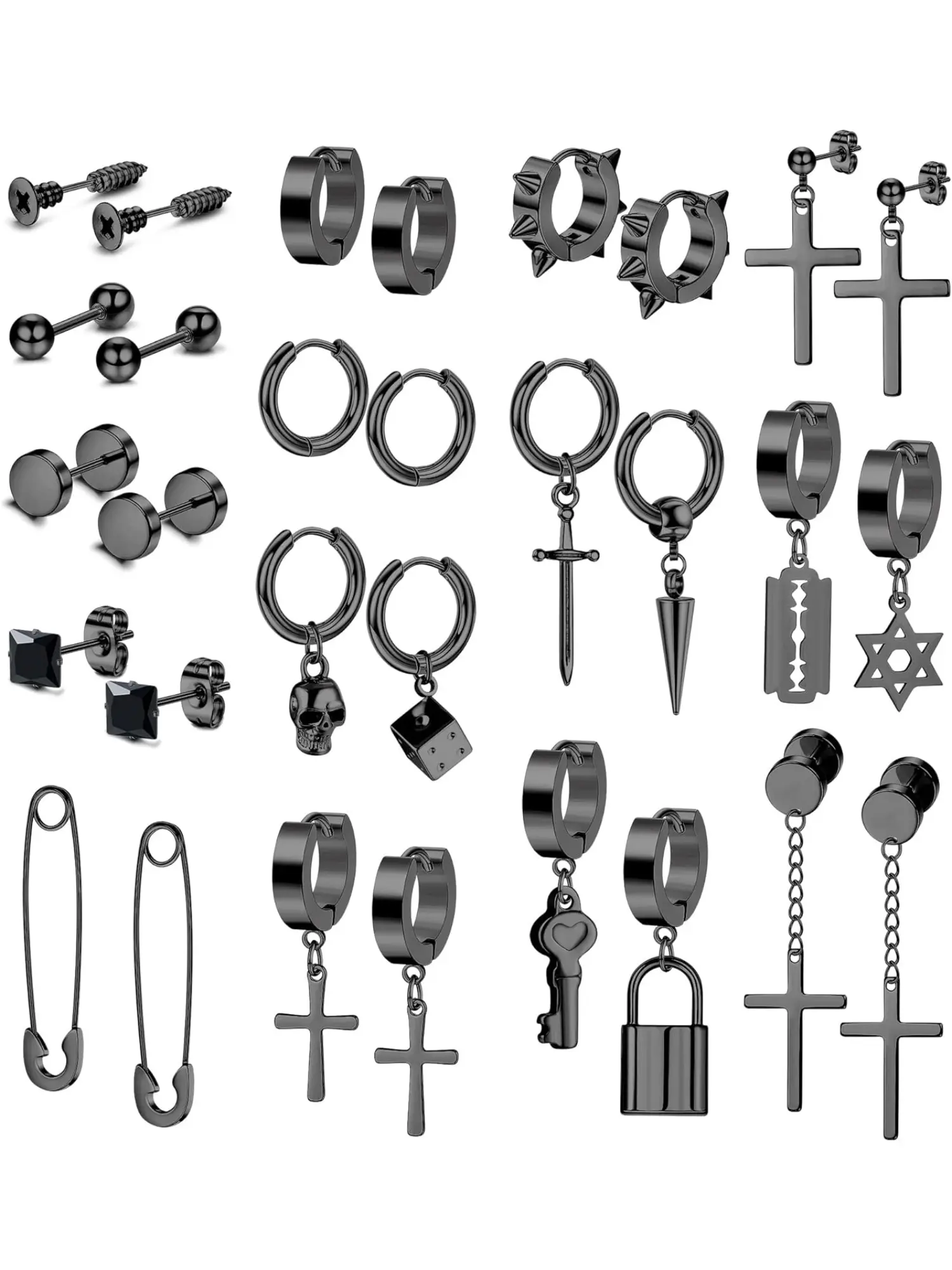 15 Pairs Mens Stud Earrings Stainless Steel Hoops Mens Earrings Zirconia Earrings Set Black/Silver Mens Earrings Studs Cross Dangle Hoop Huggie Earrings Piercing Cartilage Earrings for Men Women Hoop Earring Sets Earring Pack