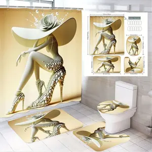 1/4pcsElegant Yellow & White Bathroom Set | Stylized Woman with Rose Hat Pearl Heels Shower Curtain, Matching Toilet Cover & Floor Mats | Chic Valentine's Day Mother's Day Decor for Bathroom, Birthday Gift for Her Shower Curtain Sets