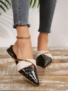 Crocodile Pattern Pointed Toe Mules, Metal Buckle Low Heel Slip-Ons, Commuter Style Versatile Comfortable Lazy Women's Shoes