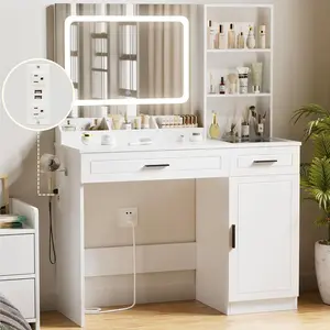 HOMMPA Vanity Desk with Mirror and Lights 41.3“W Makeup Desk with Drawers and Storage Modern Vanity Table with Lighted Mirror Makeup Table with Outlet Dressing Table with Glass Top for Bedroom White
