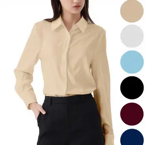 YAMANMAN Women's Button Down Shirt, basic tops ,Elegant Basic Longsleeves Collared Top for Spring & Fall, summer office outfits women, Beige Minimalist Loose Long Sleeve Collared Shirt blusas parasol blusa encima