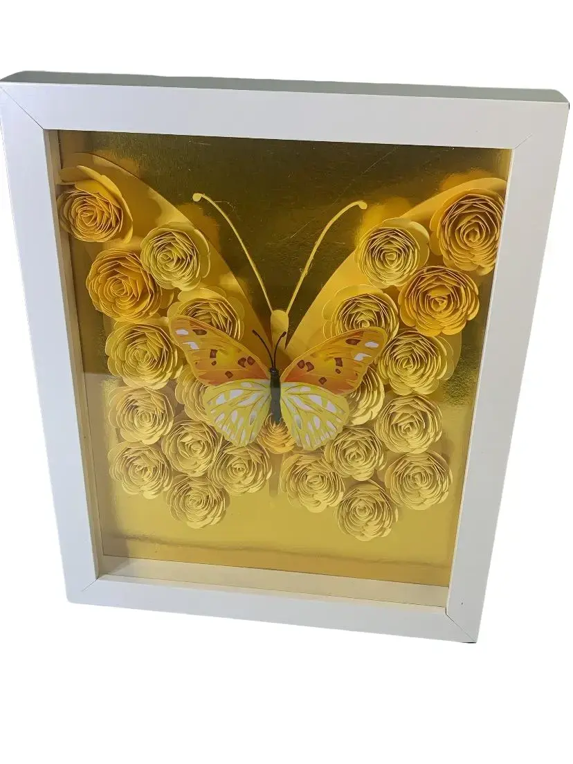 Artistic Yellow Butterfly Framed Artwork with Golden Roses, White Frame - Home Decor Wall Decoration for Room