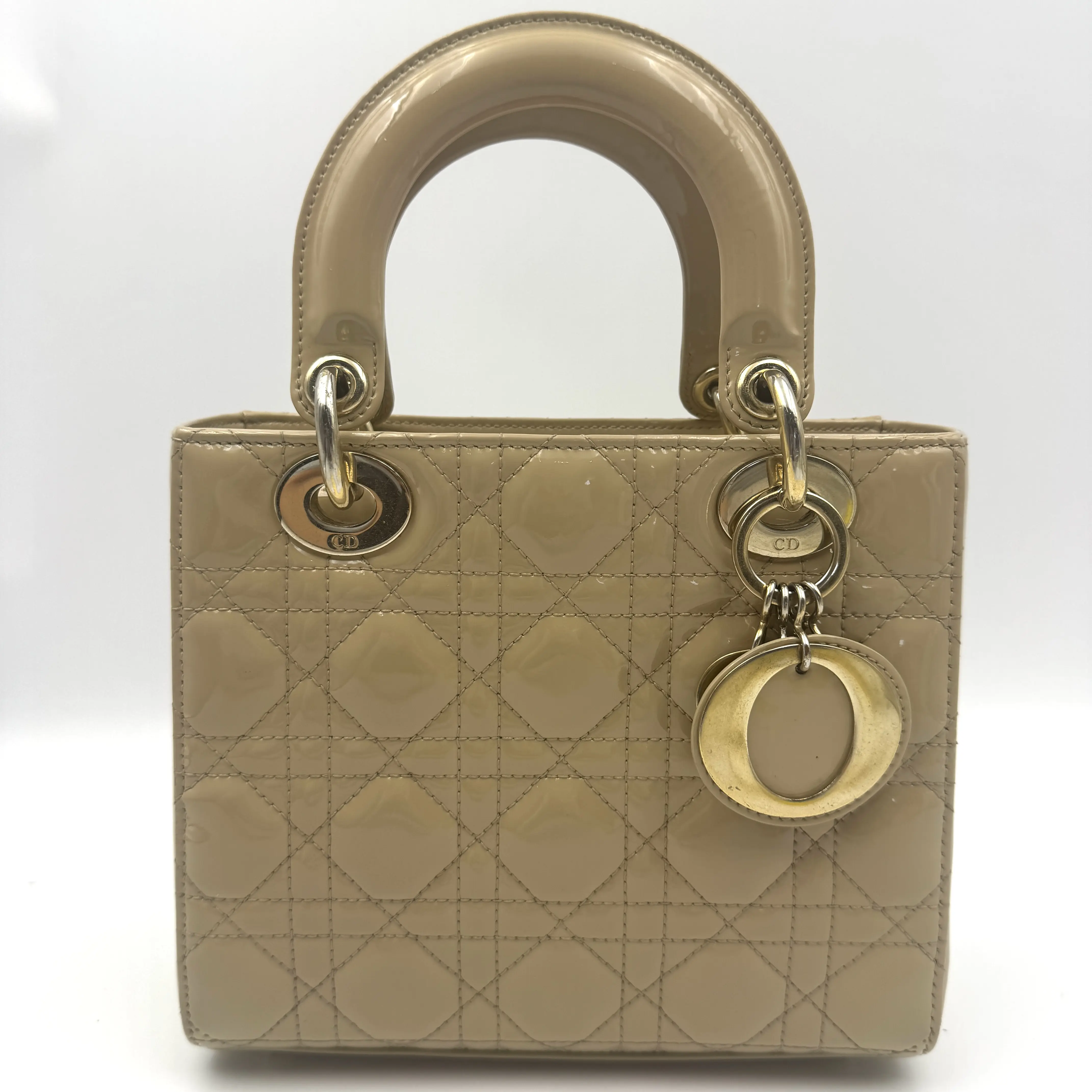 Pre-owned Dior Medium Lady Dior, Beige Patent Cannage Calfskin, Silver Hardware