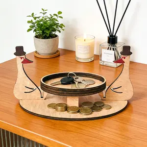 Wooden Key Holder Tray, Fun Goose Design Jewelry Dish, Keys or Jewellery Stand, Round Plate for Small Items, Ideal for Entryway Cabinets