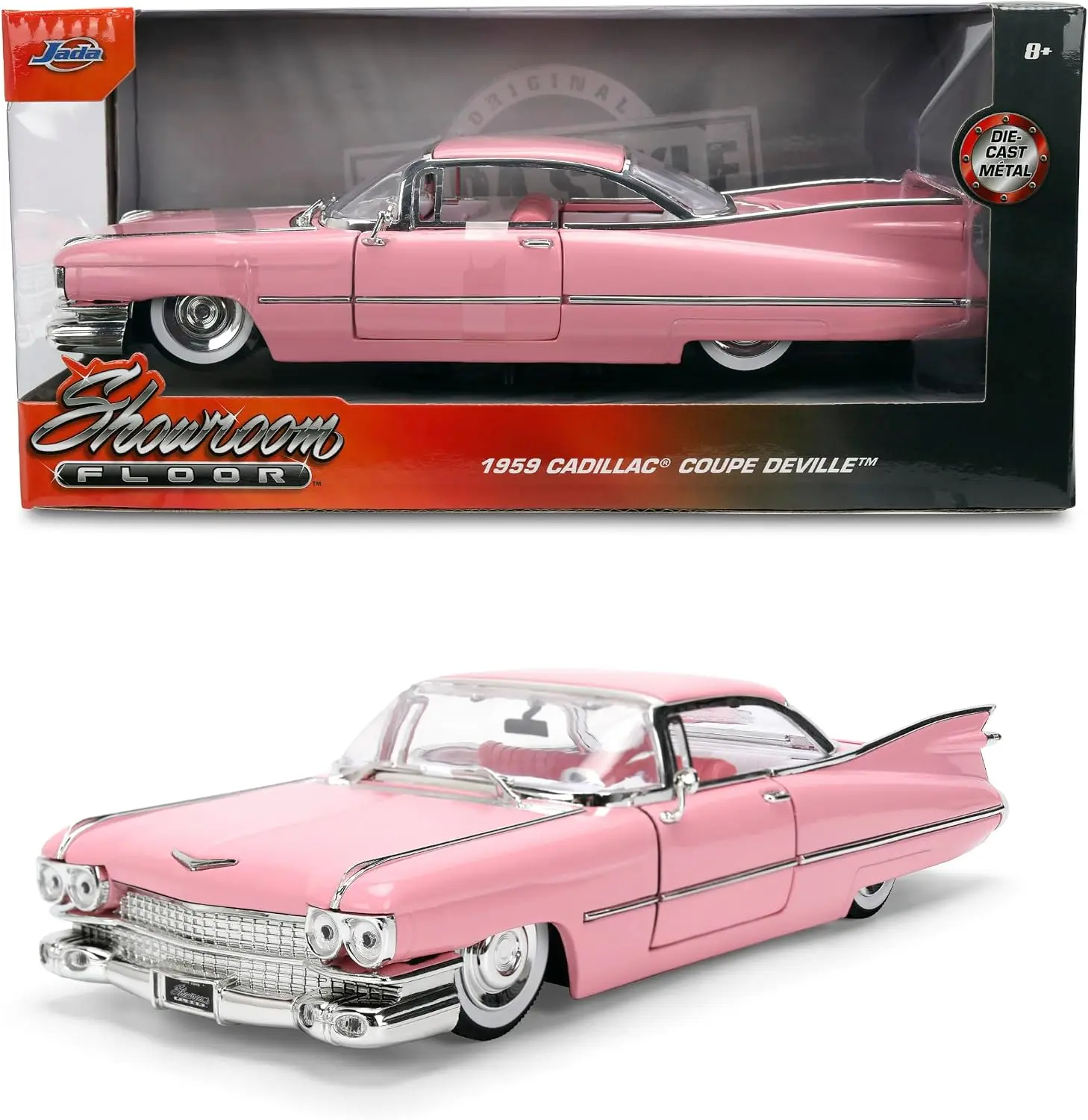 Jada 1959 Cadillac Coupe DeVille Die-Cast Model Car – Pink Classic Lowrider Collectible Vehicle, Opening Doors, Detailed Interior, 1:24 Scale Toys