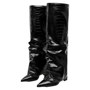 Womens Knee High Boots Wide Calf Chunky High Heel Boots Fashion Fold Over Boot Pointed Toe Winter Fall Tall Boots