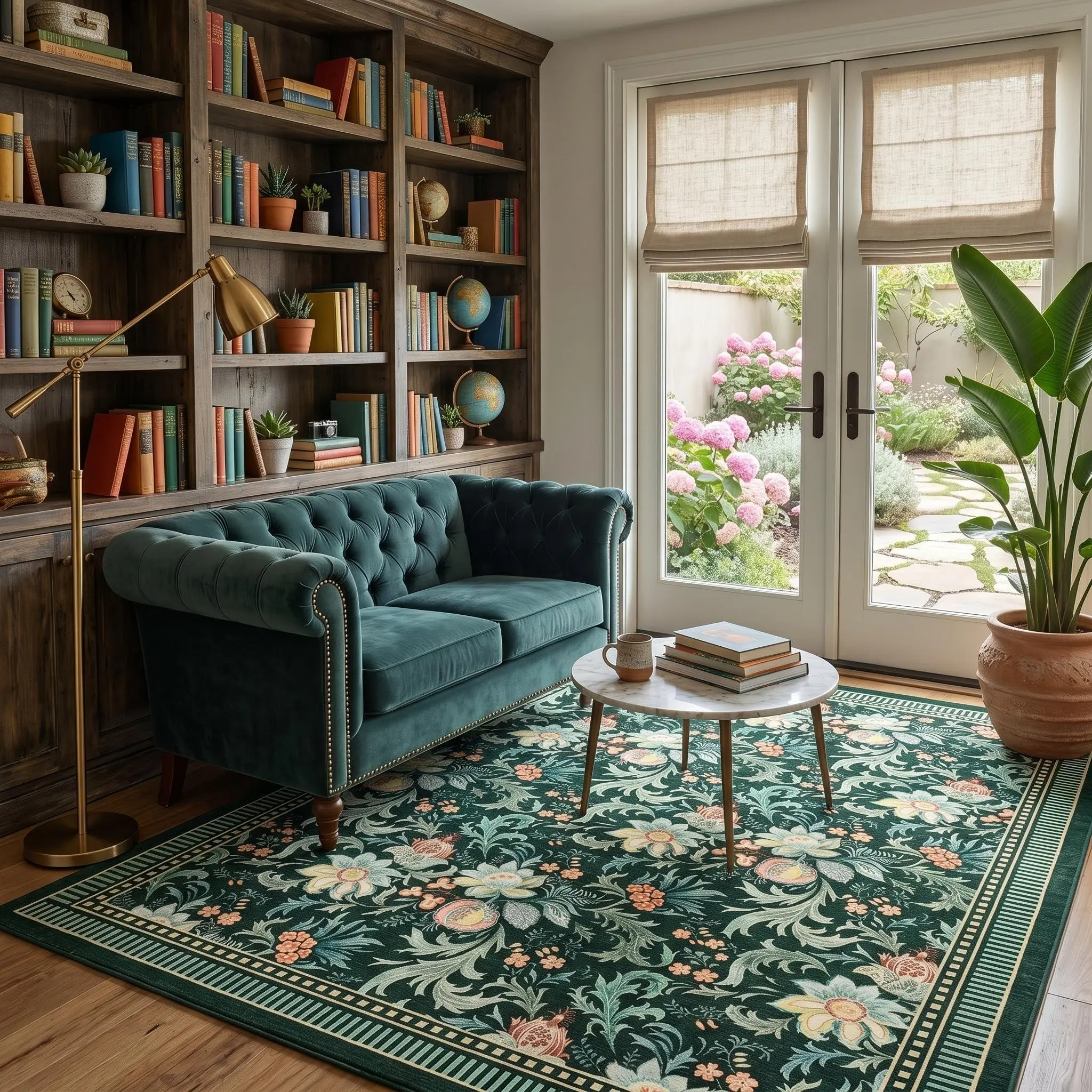 Gaomon Dark Green Floral Leaf Pattern Washable Area Rug - Soft Pearl Velvet, Non-Slip Low Pile, Foldable, for Living Room, Bedroom (8x10)