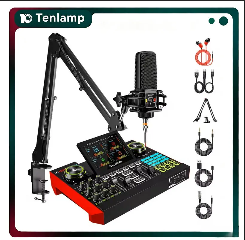 Tenlamp G10-PKpro Portable Live Sound Card Microphone Bundle - 0-Debug USB Plug & Play, Voice Changer, Reverb & DJ Sound Effects, Compatible with Desktop & Laptop Computers for Podcast, Streaming, Recording