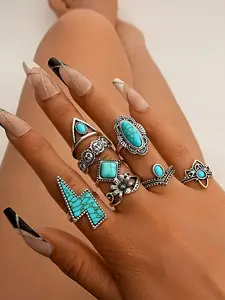 Boho Style Silver Color Lightning Flower Ring Set, Vintage Punk Rings with Turquoise, Unisex Jewelry for Daily Wear, Turquoise Texture Rings