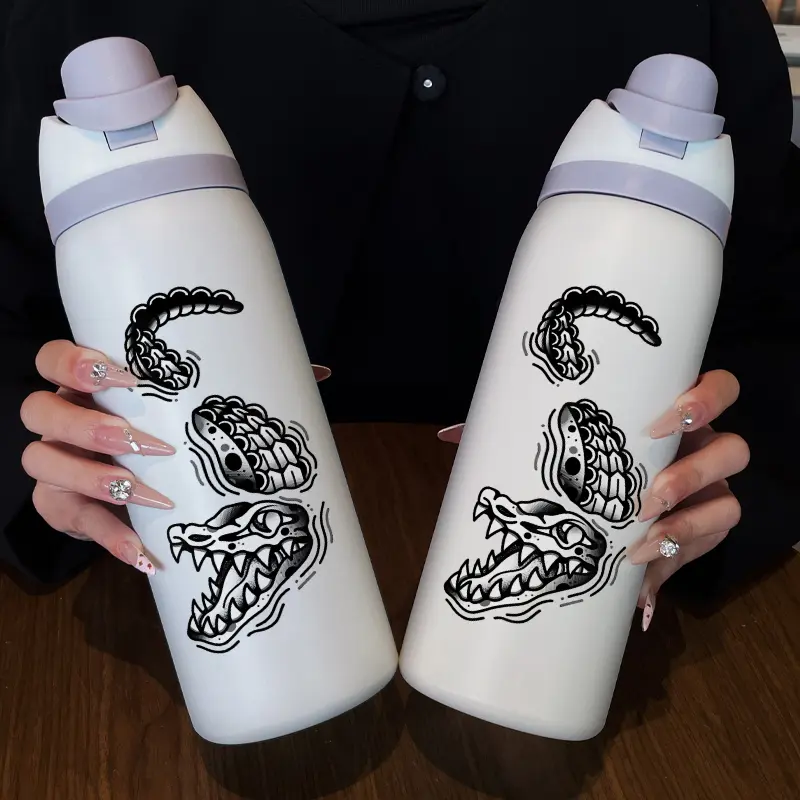 32oz Insulated Stainless Steel Water Bottle with Straw, Artistic Crocodile Pattern, Ideal for Cold Drinks, Travel & Outdoor Activities