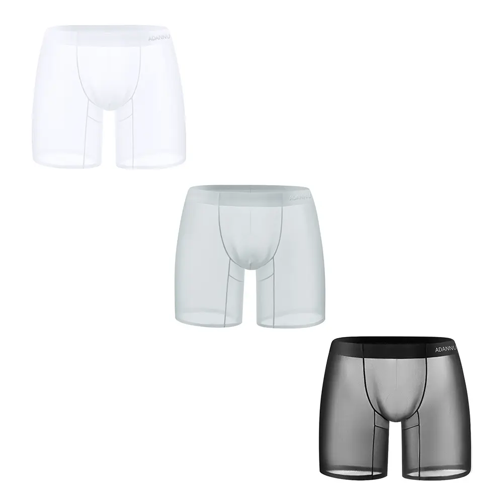 Men's Sheer Ice Silk Boxer Briefs - Plain Minimalist Simple Seamless Long-Leg Solid Plain Trunk Underwear with Bulge Pouch, Athletic Style