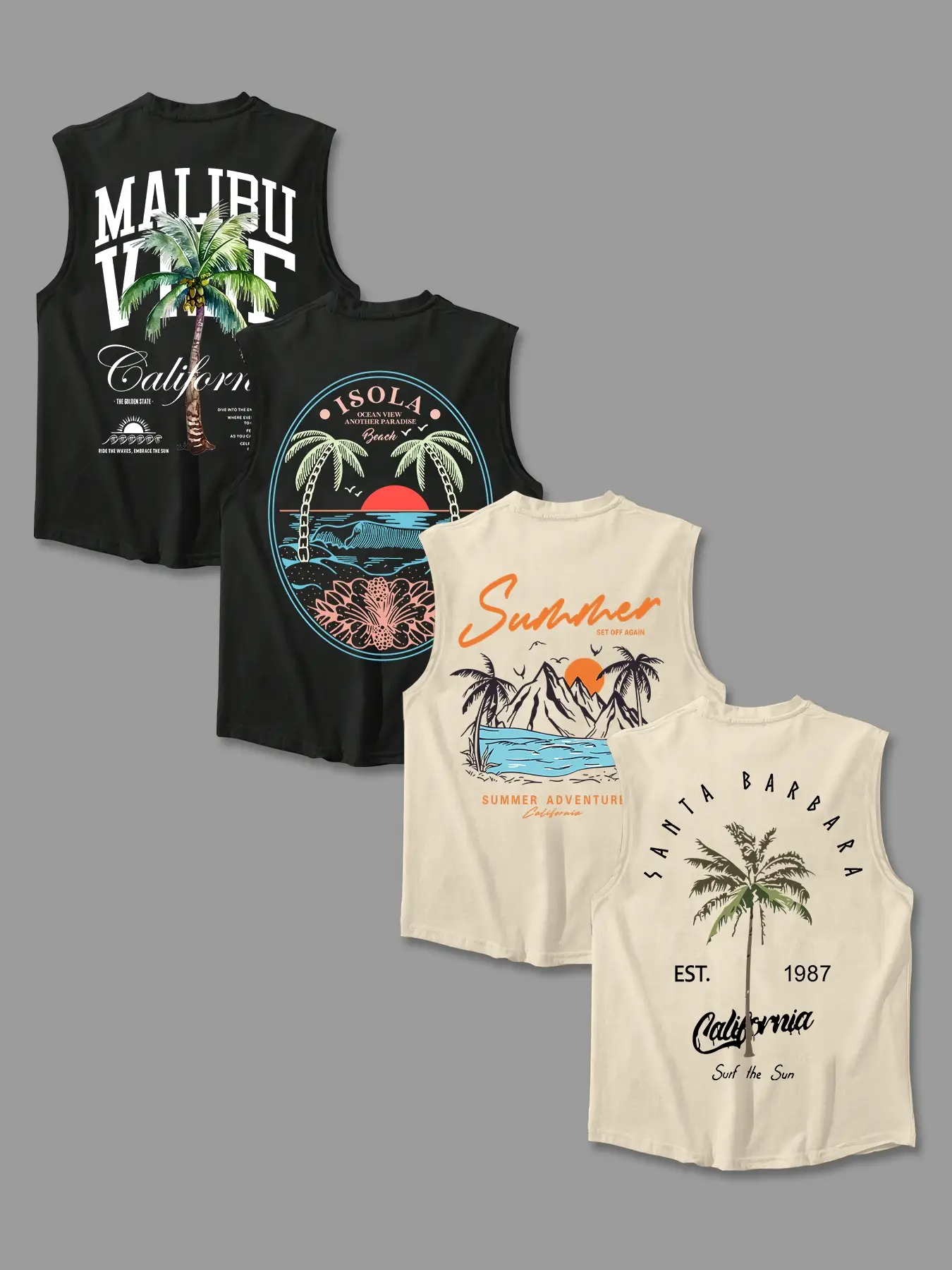 Men's Letter & Tropical Print Round Neck Tank Top, Regular Fit Casual Sleeveless Crew Neck Vest for Summer, Men's Top for Daily Wear