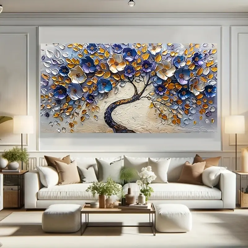 Textured Blue Abstract Flower Tree Canvas Oil Painting - Unframed Photo-Printed Homestyle Wall Art with Unique Design, Multi-Size Indoors Living Room Decor Accent, Textured Tree