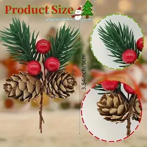 24pcs of Dual-Fruit Pine Branches Featuring Lifelike Red Berries And Plastic Cones. Ideal for Crafting Christmas Trees, Wreaths, Ornaments