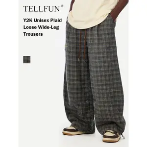 TELLFUN- Unisex Y2K Plaid Baggy Pants | Summer Elastic Waist Drawstring Wide Leg Trousers shorts work