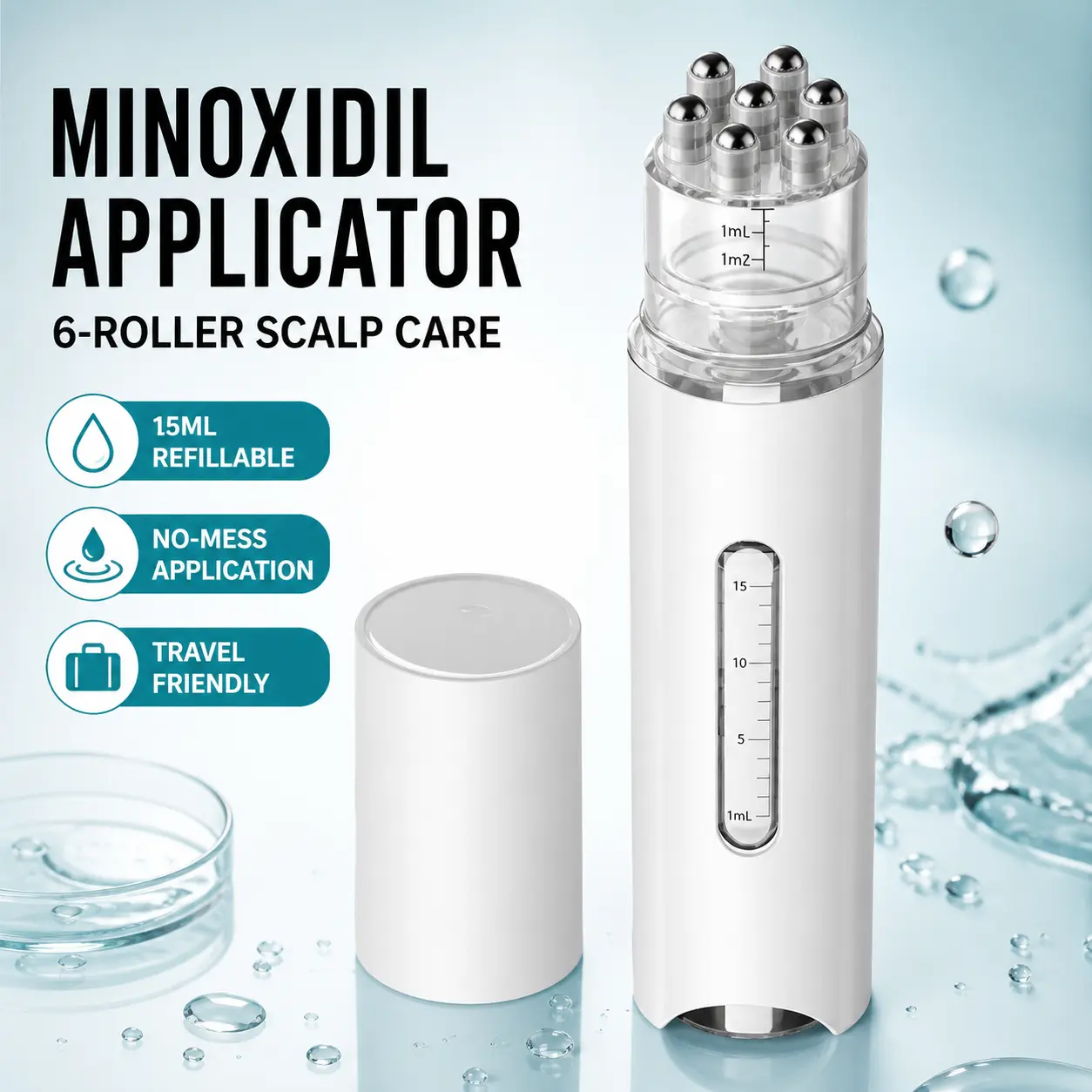 Minoxidil Scalp Applicator for Hair Care, 15mL Refillable Dispenser with 6 Roller Balls & 3mL Measuring Chamber, Manual Scalp Massager for Women & Men (Non-Heat Styling Tool)