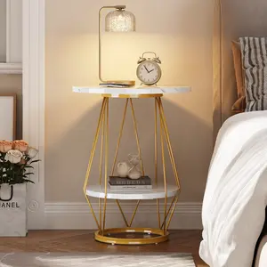DWVO Round End Table, 2-Tier Marble Sofa Side Table with Storage Shelf, Modern Small Coffee Table with Faux Marble Top for Living Room Bedroom