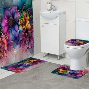 1/4pc mysterious and beautiful flower pattern bathroom set, waterproof barrier multifunctional shower curtain with 12 hooks, anti slip bathroom floor mat, bathroom U-shaped mat, bathroom cover mat, bathroom decoration, bathroom partition, room decoration