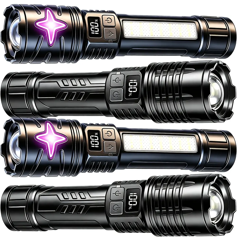 2/4pcs Ultimate Outdoor Duo High-Lumens LED Flashlight Super Bright Rechargeable Flashlight with Zoomable Focus 5 Light Modes & Power Display COB Side Light USB-C Portable Torch Light for Outdoor Camping Cool Gadgets for Men Preparedness Equipment