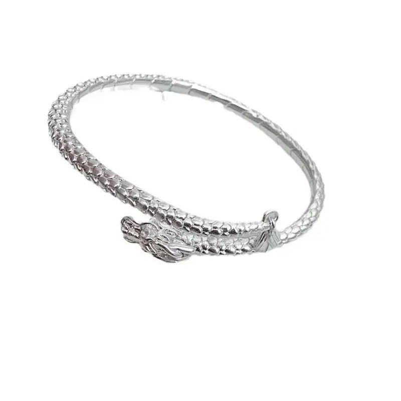 925 Sterling Silver Dragon Unisex Open Cuff Bracelet - Vintage 20G Adjustable Adult Jewelry, Casual Spring Festival Gift for Daily Wear, Adults
