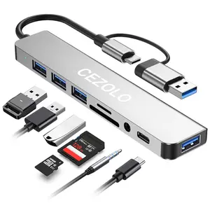 8 in 1 USB Hub Splitter USB Extender with 4 USB Ports 1 USB C Port TF/SD Card Reader 3.5mm Audio Output for MacBook Pro/iPad Pro/HP Laptop/Galaxy Phones (1 to 8)