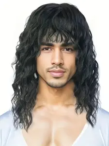 Men's Curly Wig with Fringe, Heat Resistant Synthetic Fiber, High Density Water Wave, Adjustable Cool Style, Natural Volume, Comfort Fit