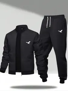 Men's two-piece bird pattern print pilot jacket and jogger pants set, suitable for spring and autumn casual outdoor wear
