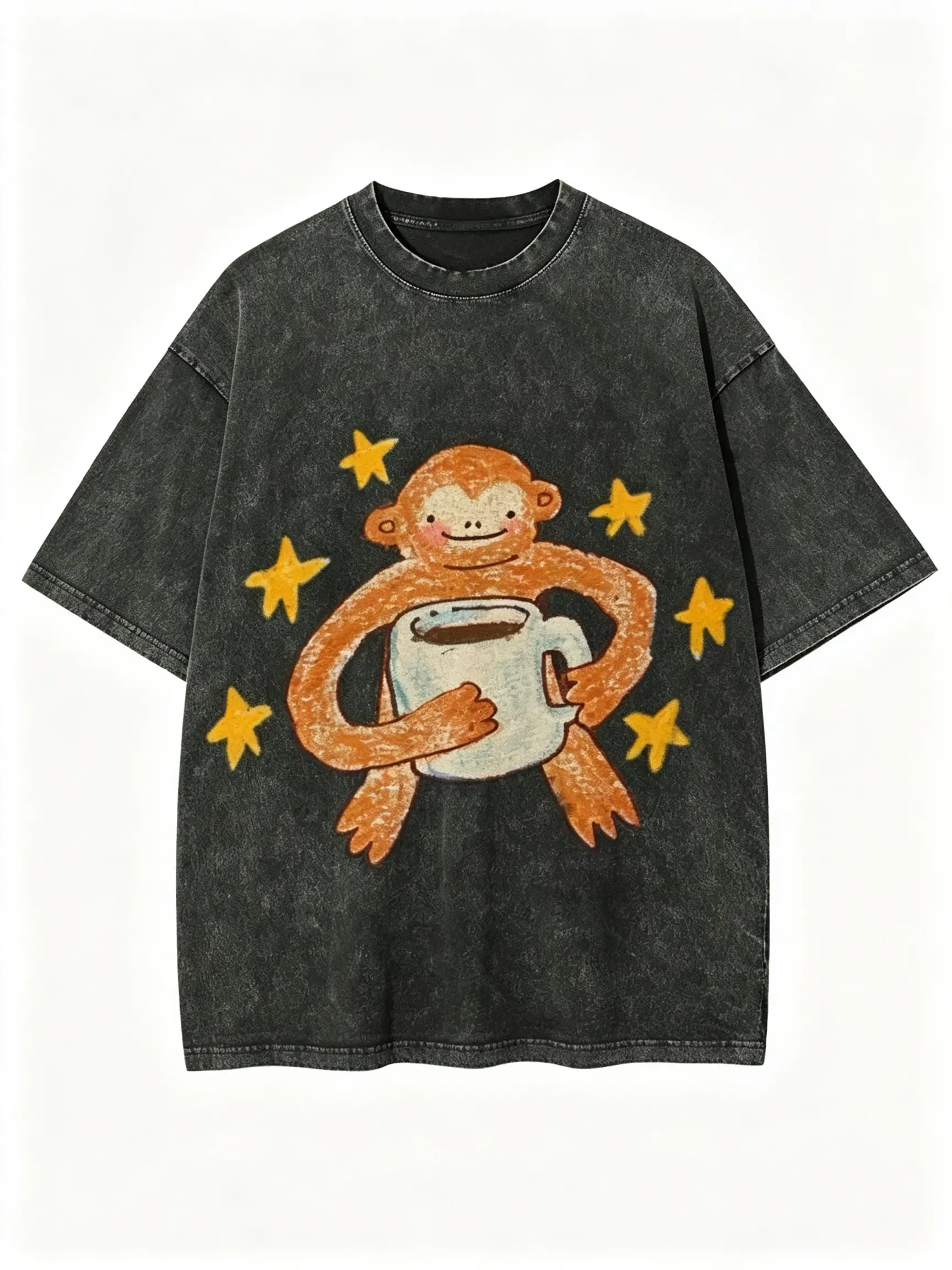 Men's Vintage Acid Wash Cotton Monkey Graphic Tee - Menswear, Casual, Round Neck Short Sleeve, Unisex, Hand Drawn, Golden, Soft, Relaxed Fit, Loose Fitting, All Seasons Streetwear Top (Check Size Chart for Coffee Runs), Acid Washed