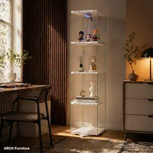 White 4-Layer Rotatable Tempered Glass Home Storage Cabinet - Rectangular Arch Design, Remote Control, Paipai Lamp, Adjustable Legs, Manual Included, 63.2in H x 15.0in L x 15.0in W, Modern Indoor Living Room Furniture Cupboard