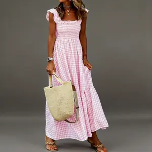 Women's Retro Plaid Smocked Dress Spaghetti Strap Flounce Long Casual Sleeveless Flowy Evening Fashion Basic with Pockets Womenswear Cute Elegant Sky