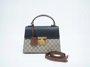 Pre-owned GUCCI canvas/leather Shoulder Bags GG Supreme Monogram Calfskin Small Padlock Top Handle Bag Beige Black Cuir