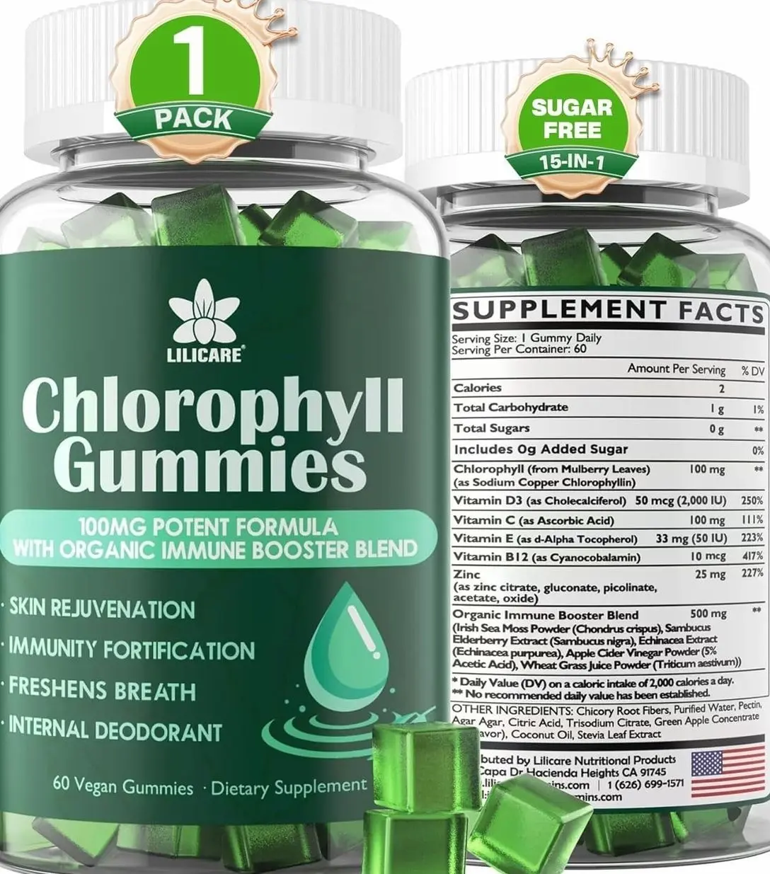 Chlorophyll Gummies - Super Green with Wheat Grass, Sea Moss, Unfiltered ACV & Elderberry, Echinacea, Zinc Complex & Vitamin D3, C, E, B12 for Natural Deodorant, Immune & Digestion Support, 60 Chews