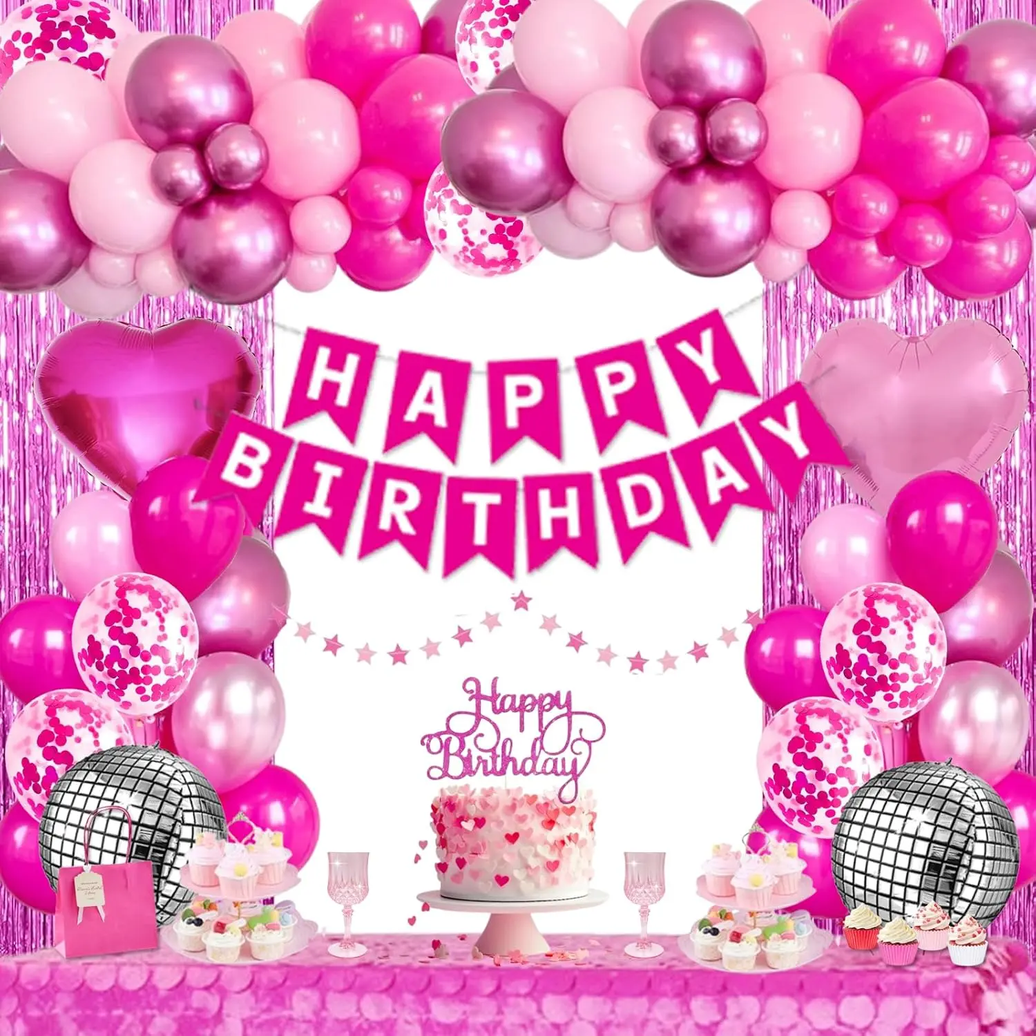 Hot Pink Party Decor Kit for Girls and Women – Includes Banner, Pompoms, Fringe Backdrop, Star Garland, and Balloons for Birthday Celebrations