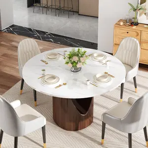 Dining Table for 4-6，47.24" Glossy Sintered Stone Top Dining Table with Carbon Steel Pedestal, Modern Dining Room Table for Kitchen, Living Room (Gold, Round)