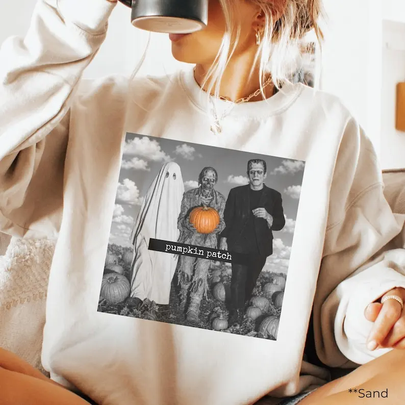 Halloween Pumpkin Patch Sweatshirt Streetwear Graphic Funny Fall Crewneck Ironic Monster Sweater