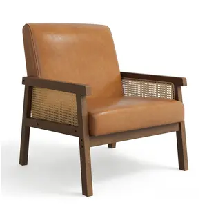 Garvee PU Leather Accent Chair, Rattan Armchair with Wooden Armrest and Legs, Modern Lounge Chair for Living Room/Bedroom/Reading Room/Waiting Room, Brown
