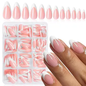 French Tip Press on Nails, 240pcs/set Short Square Almond False Nails, Removable Nail Art Artificial Full Cover, Women Girls DIY Manicure