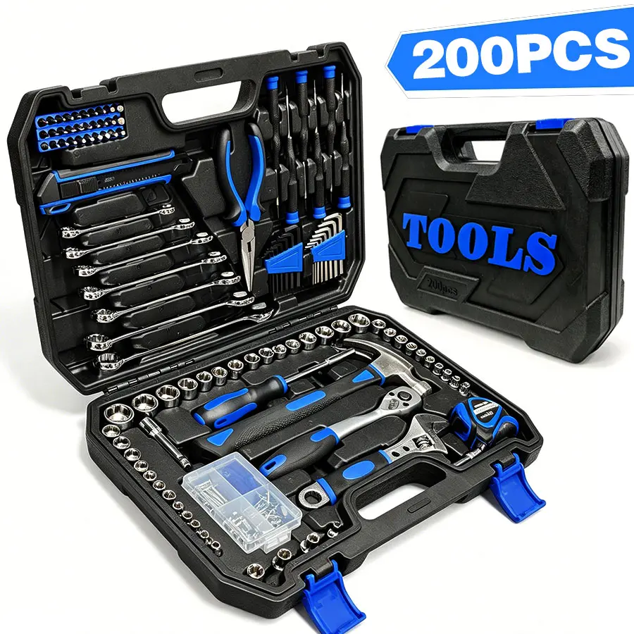 200-Piece Home Repair Tool Set, General Household Hand Tool Kit with Socket Wrench, Screwdrivers, Pliers, Hammer, Drill Bits & Portable Storage Case for Apartment, Garage, Office DIY Repairs Toolbox