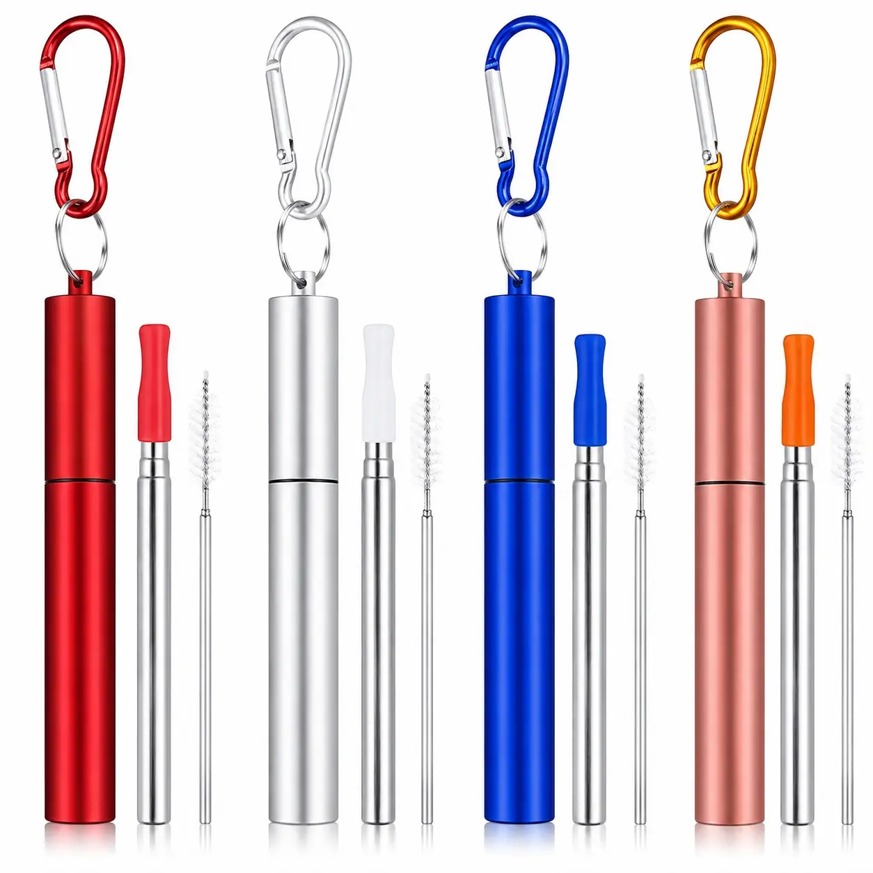 Happy Independence Day!! Cruise Ship Essentials,4-Pack reusable Collapsible Stainless Steel Drinking Straws with Aluminum Case,Cleaning Brush,and Keychains-Silver,Blue,Red,Green