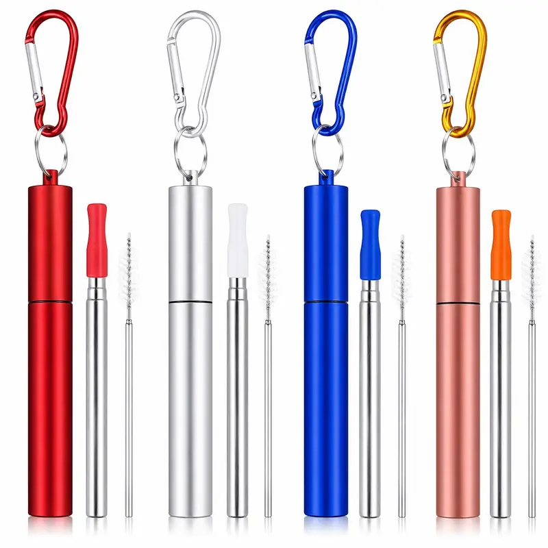 Cruise Ship Essentials,4-Pack reusable Collapsible Stainless Steel Drinking Straws with Aluminum Case,Cleaning Brush,and Keychains-Silver,Blue,Red,Green