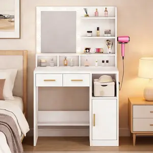 Modern White Vanity with Lights - 3-Color LED Lights, 2 Drawers, Open Storage Shelves, Glass Makeup Vanity, Easy-to-Assemble Indoor Bedroom Furniture, Makeup Vanity Glass