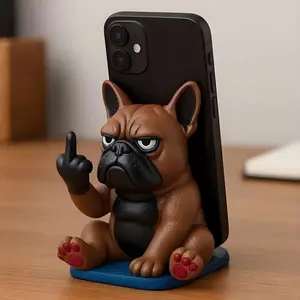 Funny Bulldog Phone Holder Resin Stand, Humorous Animal Middle Finger Design, Desktop Ornament Gift for Friends Holidays